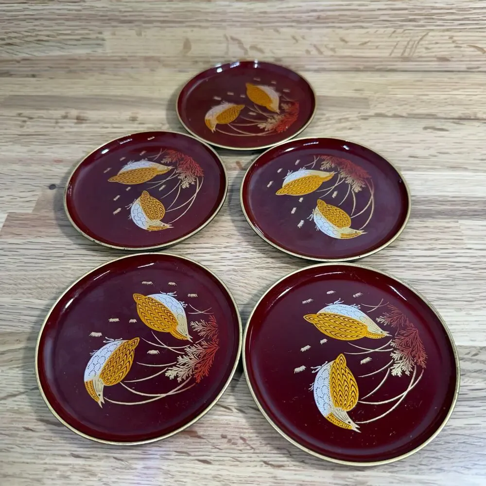 Vintage Japanese Lacquerware Coasters Set of 5 Burgundy Gold Floral 4 Inch